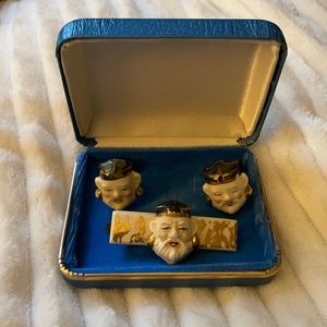 Vintage porcelain tie clip and cuff links